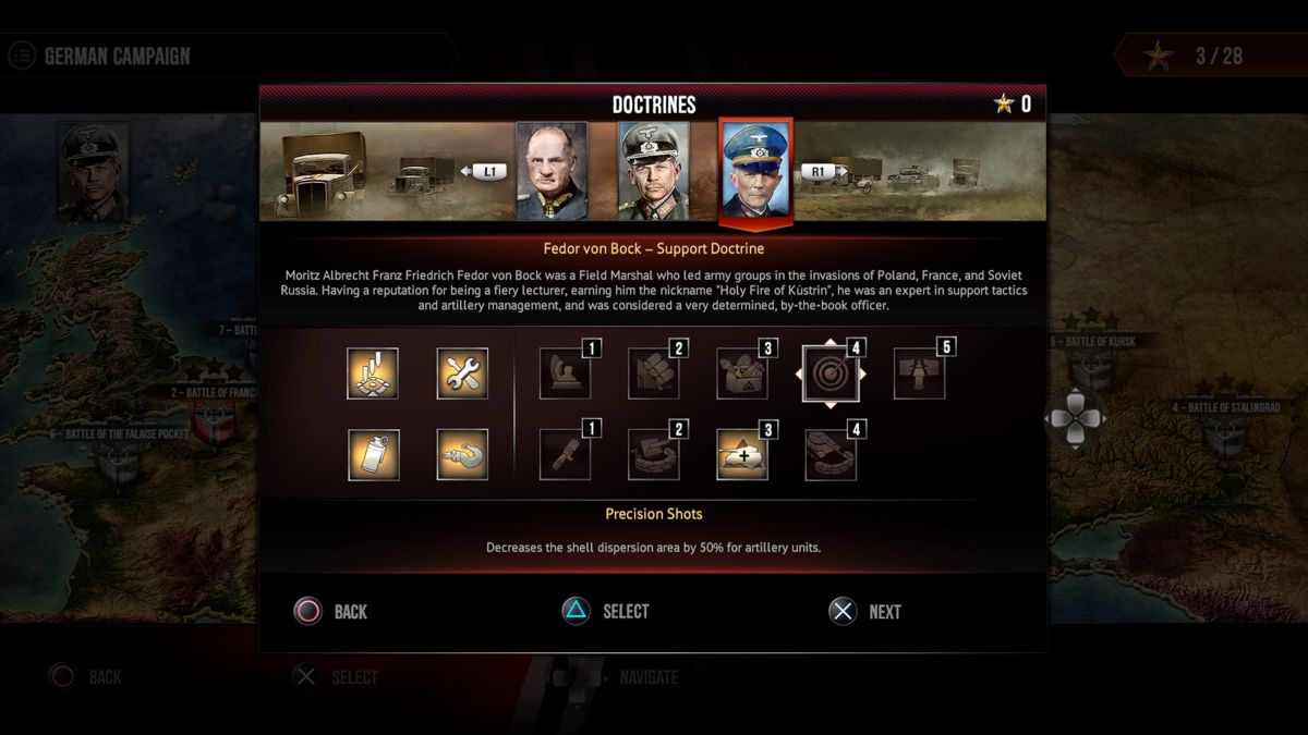 Sudden Strike 4 (PlayStation 4) screenshot: Using skill points to unlock upgrades for different fighting doctrines