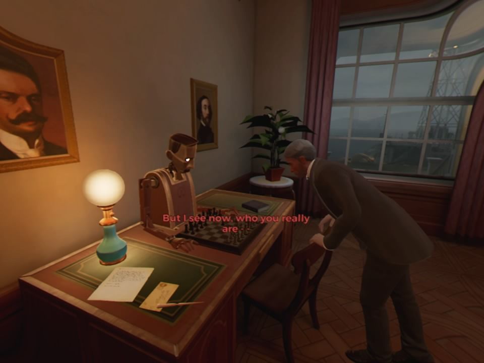 The Invisible Hours (PlayStation 4) screenshot: Edison is trying to play the game of chess against an automaton (VR mode)