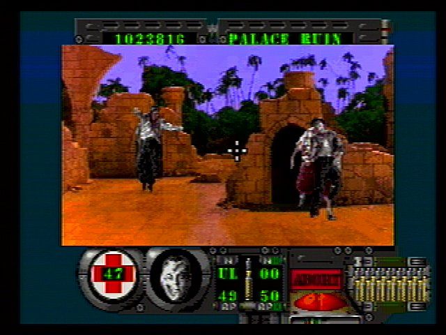 Corpse Killer (SEGA 32X) screenshot: The Palace Ruins have been taken over by gang bangers.