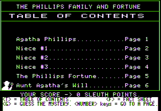 Reference Micro Mysteries (Apple II) screenshot: Table of Contents