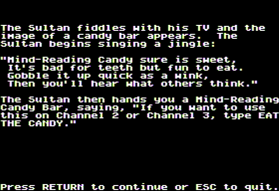 Microzine #22 (Apple II) screenshot: Haunted Channels - The Sultan of Television is Helping me Out