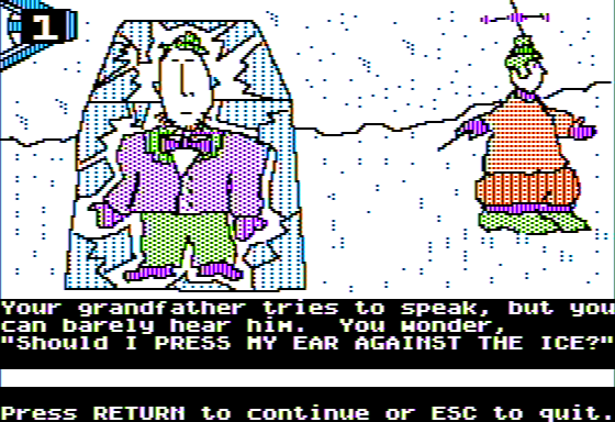 Microzine #22 (Apple II) screenshot: Haunted Channels - Starting on Channel 1, Grandpa is Frozen in Ice