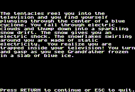 Microzine #22 (Apple II) screenshot: Haunted Channels - Pulled into my Television