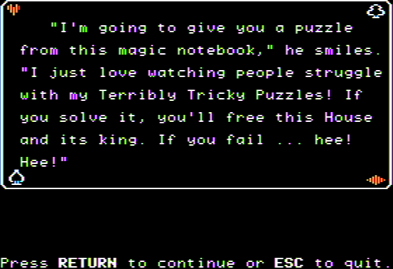Microzine #19 (Apple II) screenshot: Malice in Wonderland - The Joker Gives me a Puzzle