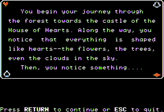 Microzine #19 (Apple II) screenshot: Malice in Wonderland - Heading to the House of Hearts