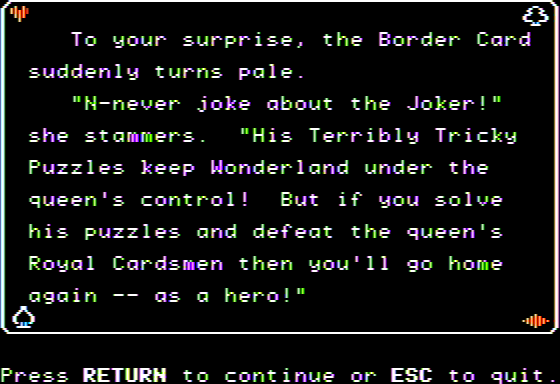 Microzine #19 (Apple II) screenshot: Malice in Wonderland - Meeting a Border Guard