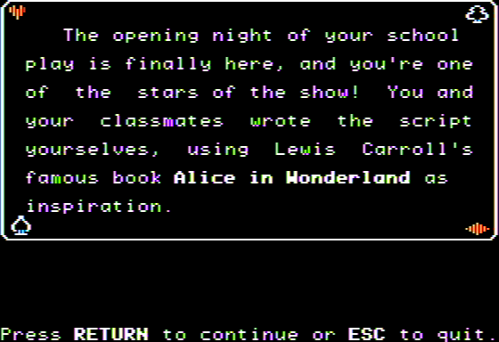 Microzine #19 (Apple II) screenshot: Malice in Wonderland - Starting the Adventure
