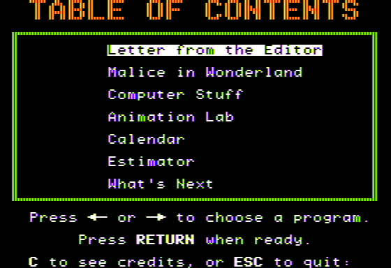 Microzine #19 (Apple II) screenshot: Main Menu