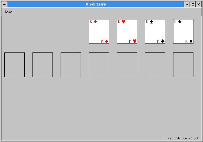 X Solitaire (Linux) screenshot: And all cards are now in the foundation. Since the game does not detect win state, it does not actually do anything when this happens.