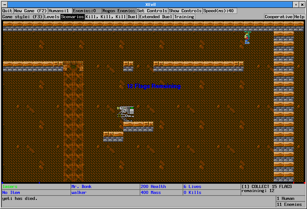 XEvil (Linux) screenshot: Playing the scenario mode. I am looking for flags as the Walker