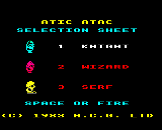 Atic Atac (BBC Micro) screenshot: Title screen and character selection. The knight is the default choice.