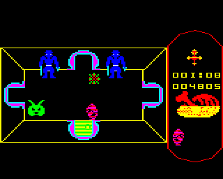 Atic Atac (BBC Micro) screenshot: Health is depleted by monsters and by using your weapon. Eating food restores health.