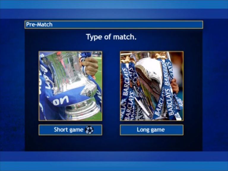 The Chelsea Challenge: Interactive Quiz DVD (DVD Player) screenshot: Selecting the type of game, the format is the same in both games but the Long Game has more questions per round