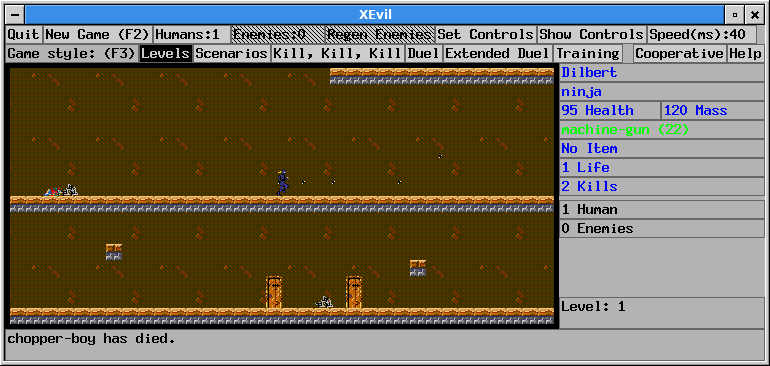 XEvil (Linux) screenshot: Fleeing from some ninja stars