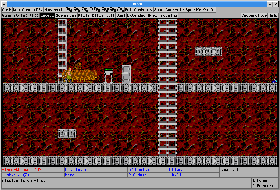 XEvil (Linux) screenshot: Trying to set the Walker on fire using the Flame-thrower