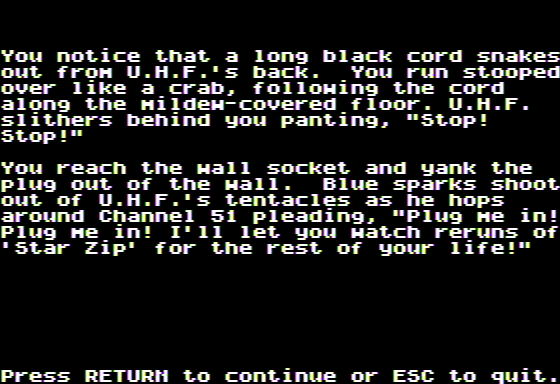 Microzine #22 (Apple II) screenshot: Haunted Channels - I Pull the Plug on the U.H.F.