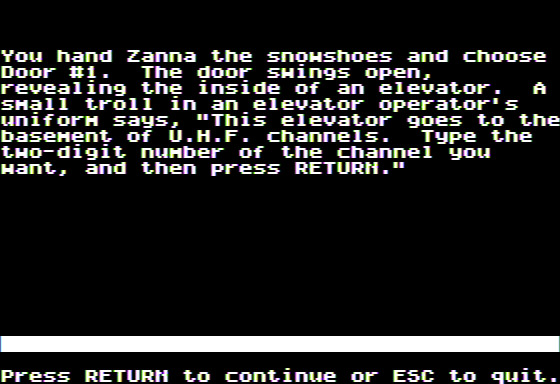 Microzine #22 (Apple II) screenshot: Haunted Channels - An Elevator can Take me to Whatever Channel I Like