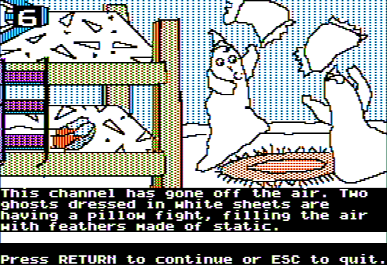 Microzine #22 (Apple II) screenshot: Haunted Channels - I'm on an Off Channel