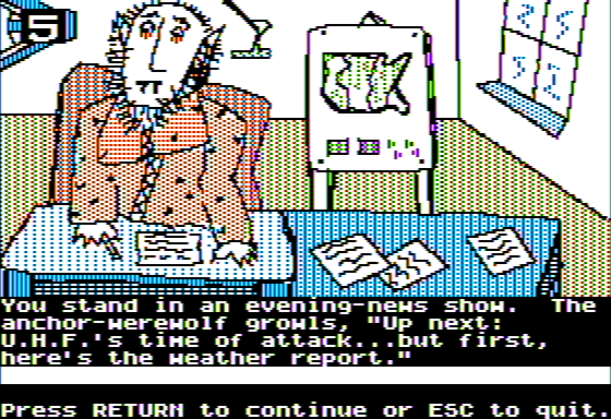 Microzine #22 (Apple II) screenshot: Haunted Channels - Wolfman Weather Report