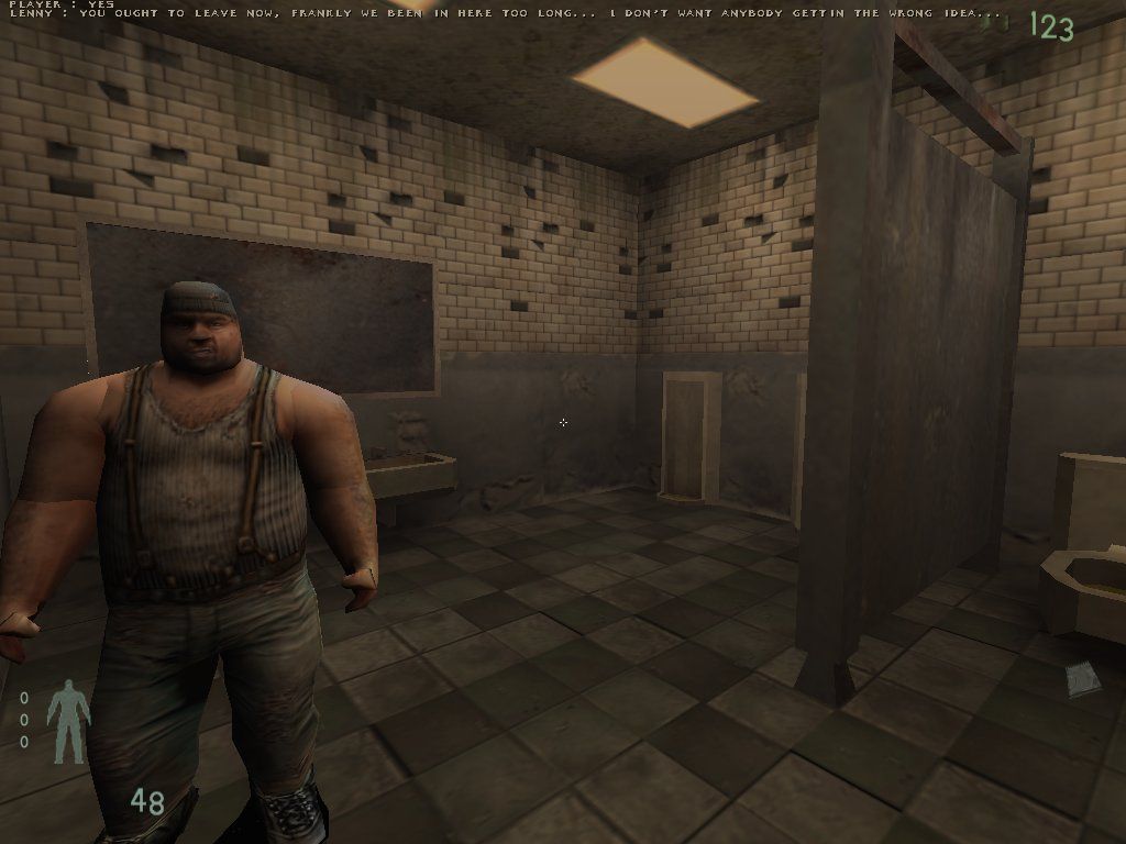 Kingpin: Life of Crime (Windows) screenshot: Conversation inside a bathroom
