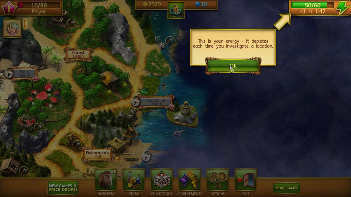 Lost Lands: A Hidden Object Adventure (Windows) screenshot: So we can search for stuff but that costs energy. We can replenish energy with blue gems. We can get blue gems slowly or we can buy them