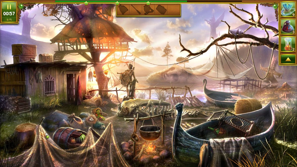 Lost Lands: A Hidden Object Adventure (Windows) screenshot: Searching the fisherman's hut. Sometimes the items are shown in silhouette, sometimes as words