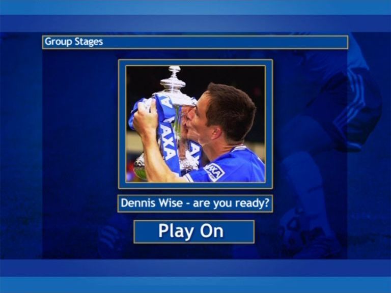 The Chelsea Challenge: Interactive Quiz DVD (DVD Player) screenshot: The first question. Team one is referred to, in this game, by their captain Dennis Wise