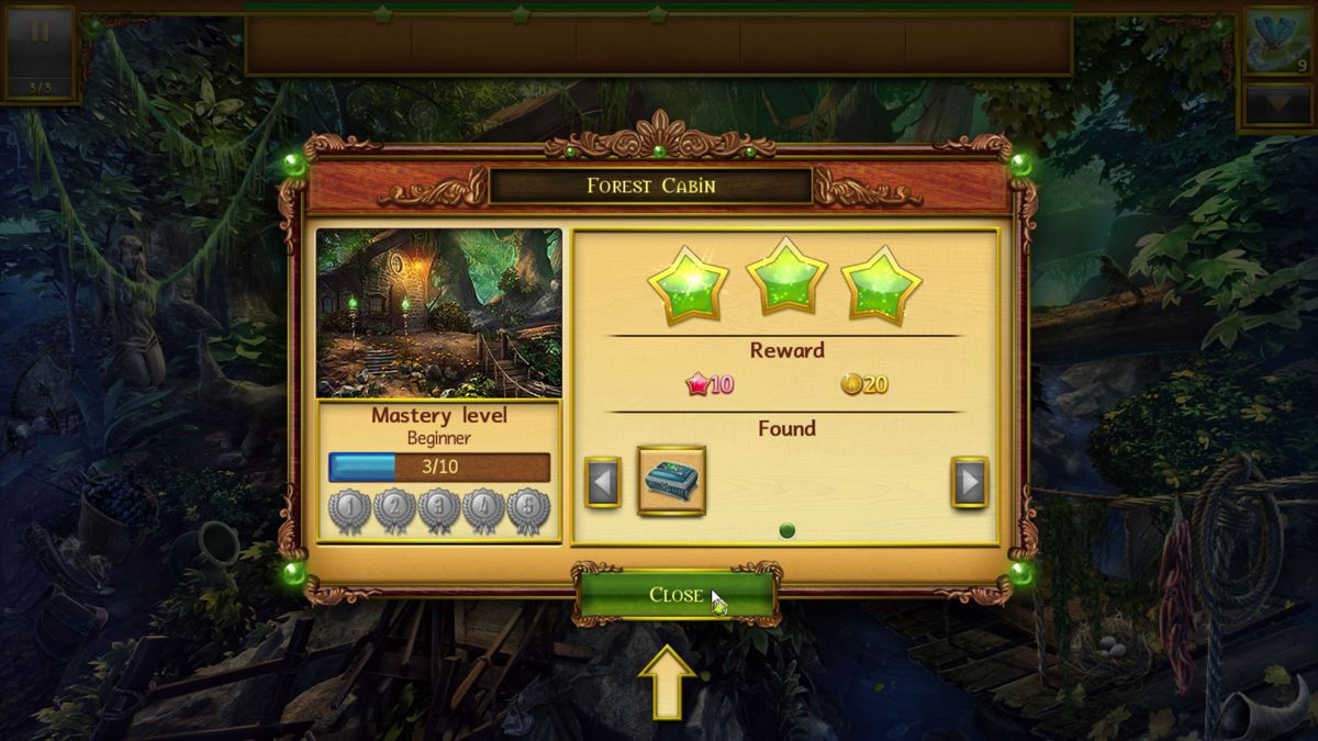 Lost Lands: A Hidden Object Adventure (Windows) screenshot: When a location has been explored and all items have been found the player gains three, two or one stars - depending on the time remaining - plus items