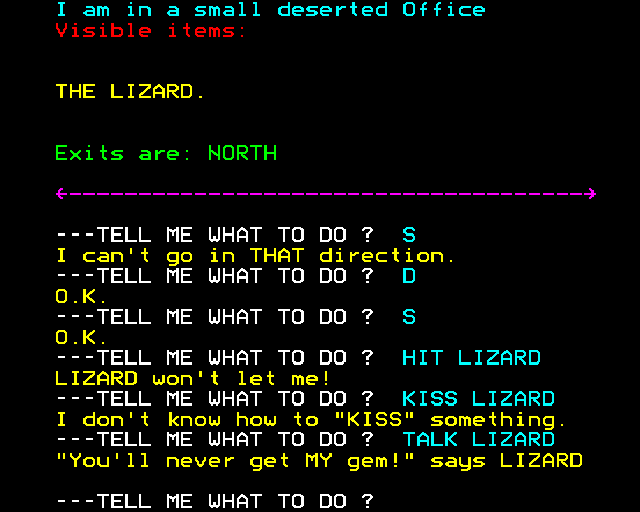 Spider-Man (BBC Micro) screenshot: The Lizard refuses to give up his gem!