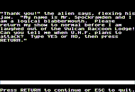 Microzine #22 (Apple II) screenshot: Haunted Channels - Spockramden Helps me With the UHF