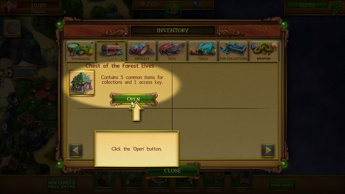 Lost Lands: A Hidden Object Adventure (Windows) screenshot: There are loads and loads of help screens like this in the extensive tutorial - To open a chest click on Open - but in the developer's defence who actually reads the manual?