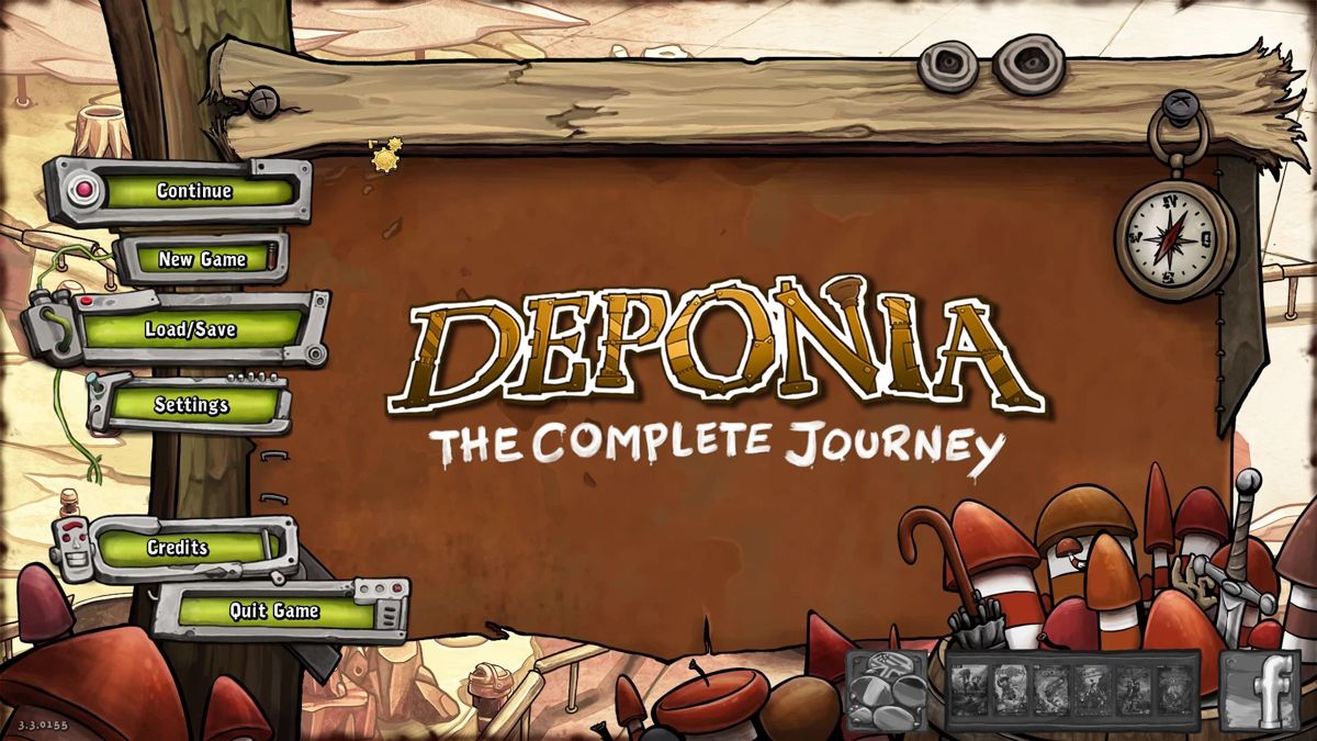 Deponia: The Complete Journey (Windows) screenshot: The title screen and main menu. Clicking on the game covers in the lower right opens the Daedalic web site in a browser window