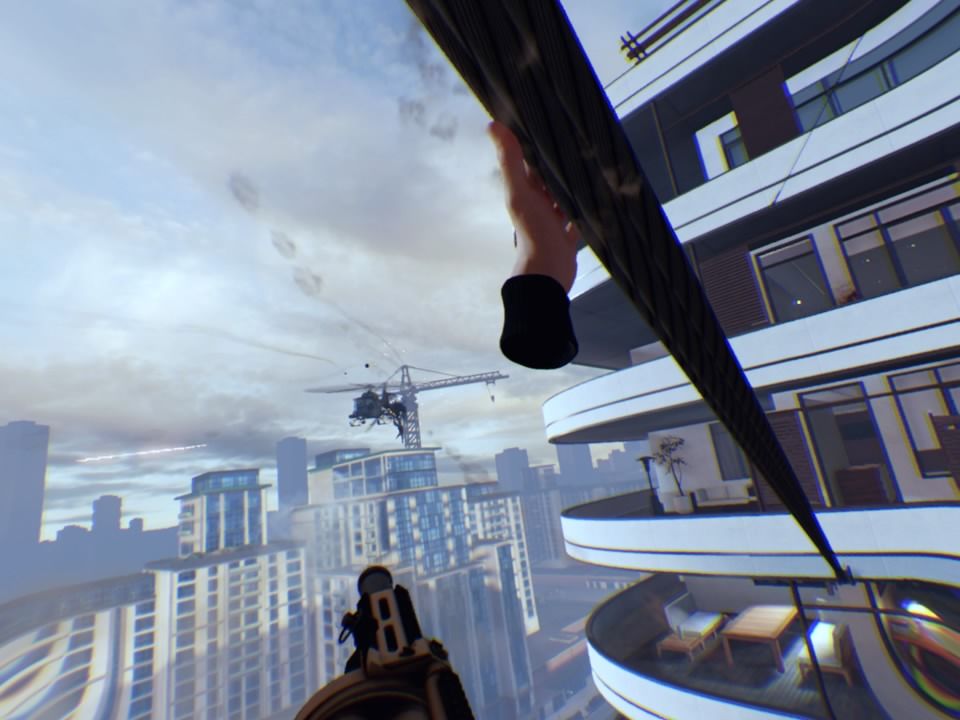 Blood & Truth (PlayStation 4) screenshot: Firing a grenade launcher at the helicopter while sliding down the rope