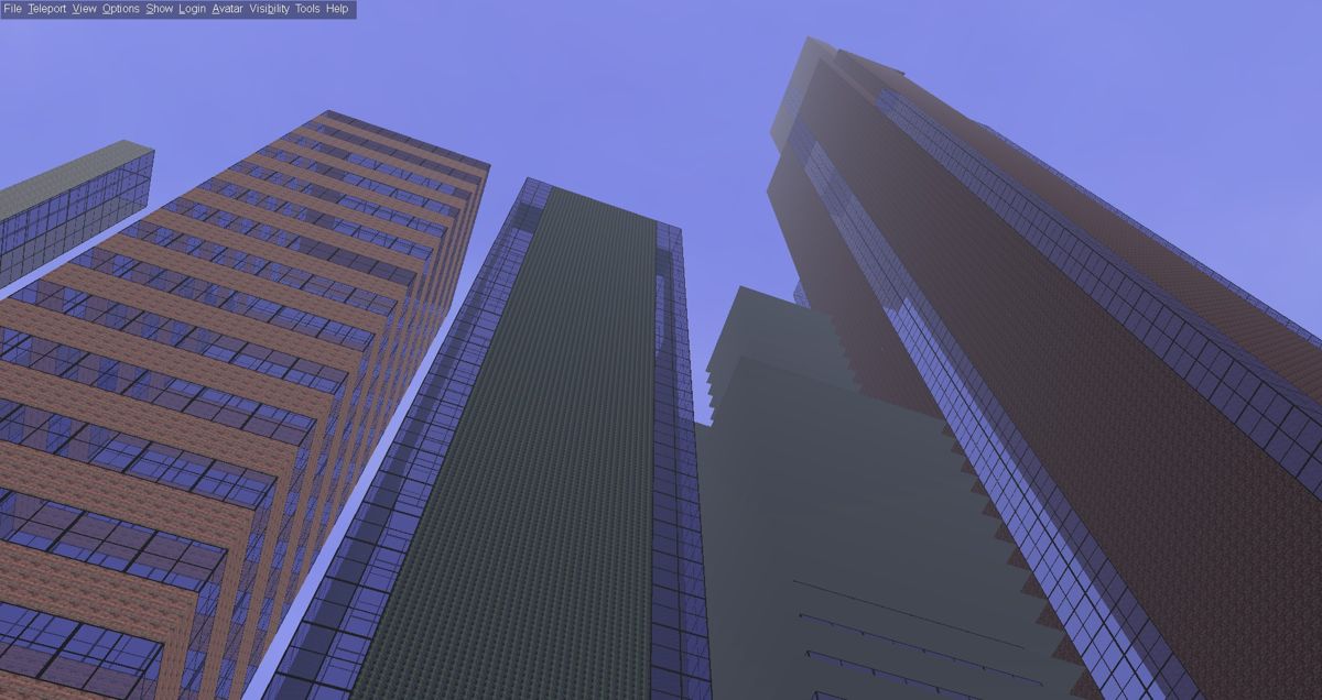 Active Worlds (Windows) screenshot: A city of towering skyscrapers (2817N 3951E)