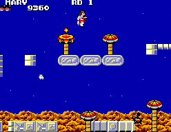 Quartet (SEGA Master System) screenshot: Hovering between two dangerous mushrooms