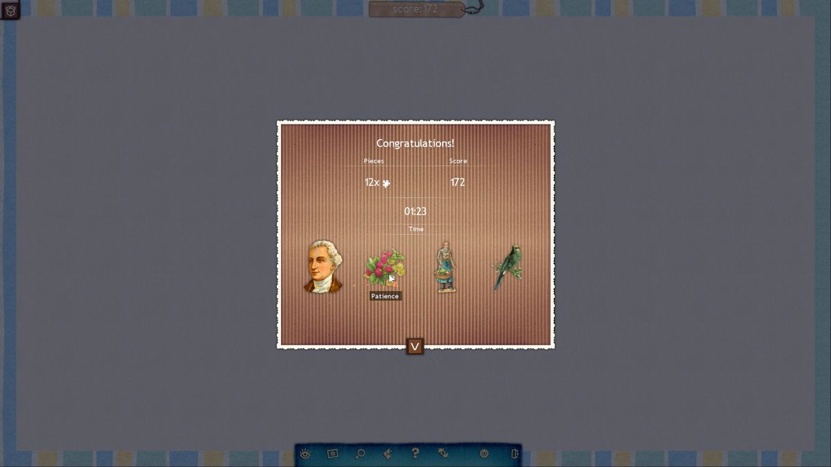 1001 Jigsaw: Earth Chronicles (Windows) screenshot: Puzzle complete. The player's score is displayed. The four small pictures are trophies that have been earned