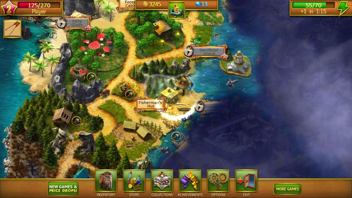 Lost Lands: A Hidden Object Adventure (Windows) screenshot: This is the map of the place where the elves landed. Only the fisherman's hut and the place in the forest are accessible