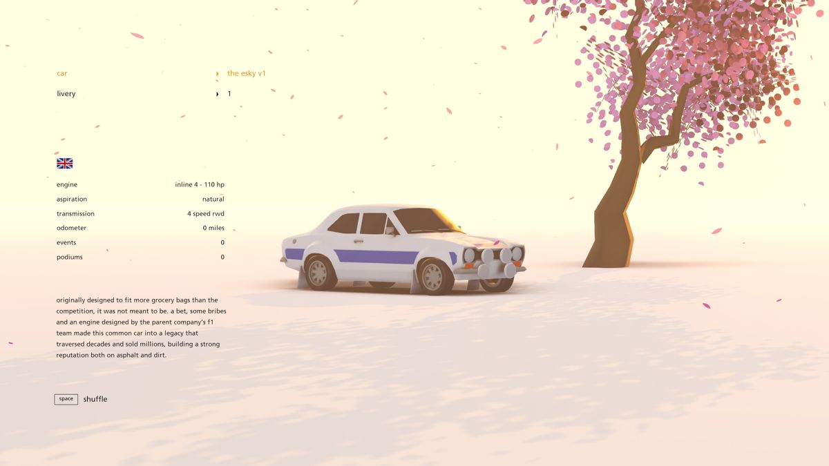 Art of Rally (Windows) screenshot: Car selection