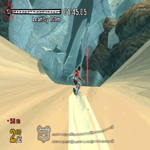 SSX on Tour (PlayStation 2) screenshot: This is a Quick Play event but the same event features in Tour Mode. All we have to do is beat our opponent, the guy with the red light coming out of his head, to the bottom