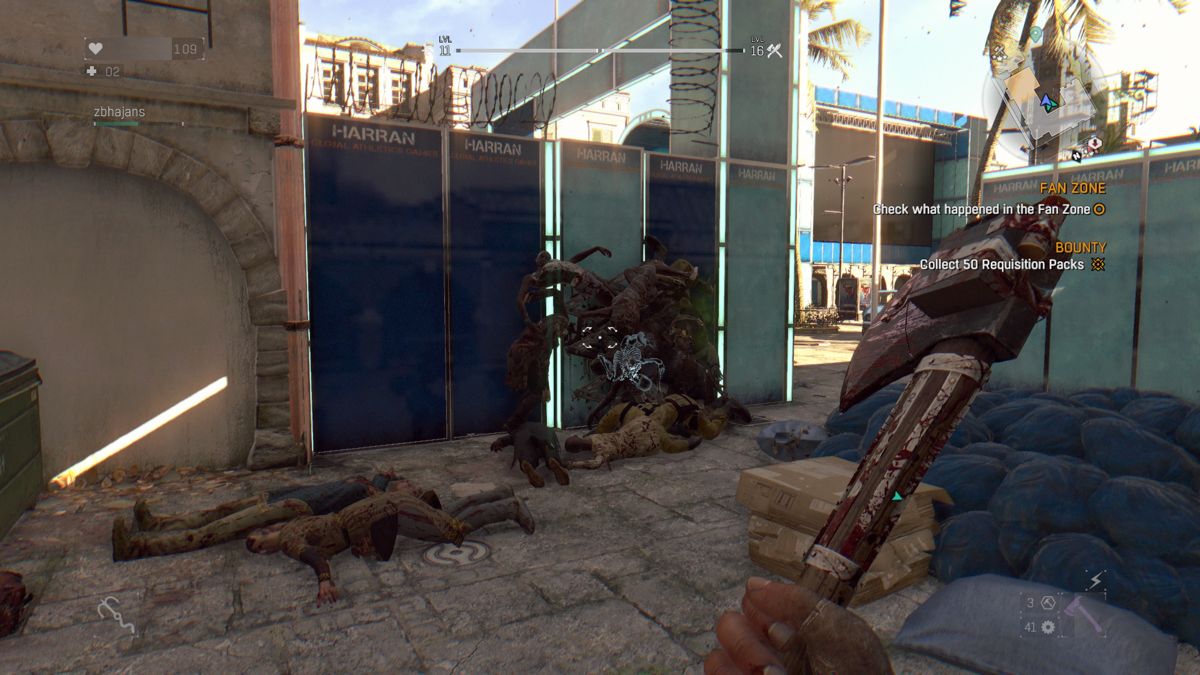 Dying Light: The Following - Enhanced Edition (PlayStation 4) screenshot: Dying Light: Kicking all the zombies to metal spikes will keep them in place