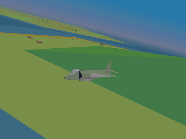 Super-VGA Harrier (DOS) screenshot: Our first mission over East Timor (external view)