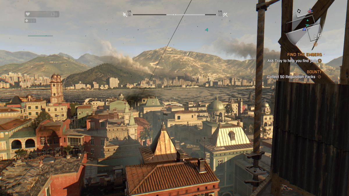 Dying Light: The Following - Enhanced Edition (PlayStation 4) screenshot: Dying Light: Zip lines are quick way to move via distant rooftops