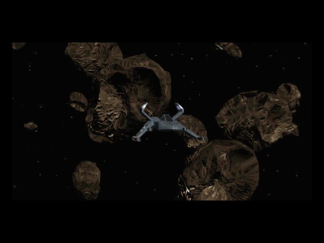 Descent II (DOS) screenshot: Returning from the first Descent game (from the intro, in Asteroid belt)