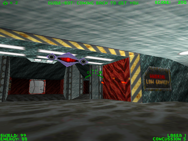 Descent II (DOS) screenshot: Full-screen no HUD view (3Dfx patch from 3Dfx Interactive). Full cockpit view mode is not available in the 3Dfx versions.