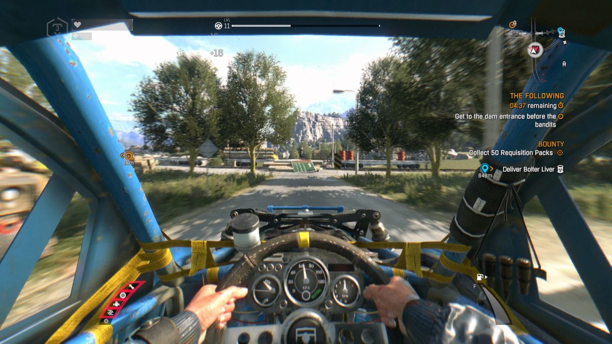Dying Light: The Following - Enhanced Edition (PlayStation 4) screenshot: The Following: Mowing down enemies with a car is doable, but it'll take some speed away