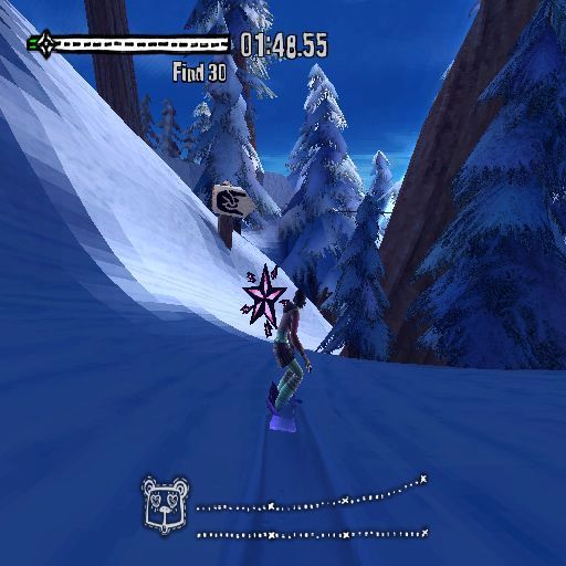SSX on Tour (PlayStation 2) screenshot: In this event the object is to find thirty collectables. Looks like there's one up ahead
