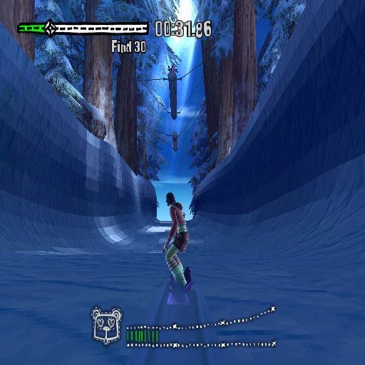 SSX on Tour (PlayStation 2) screenshot: In this event the object is to find thirty collectables. This is an OMG moment because there's a collectable on the overhead log!