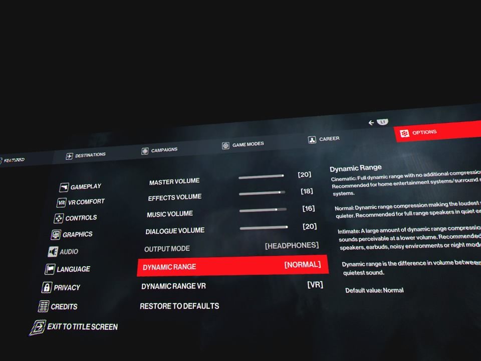 Hitman III (PlayStation 4) screenshot: VR options (VR mode)