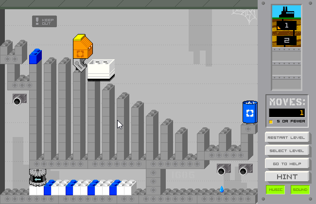 Junkbot Undercover (Browser) screenshot: Junkbot pushing the new movable block down a flight of stairs.
