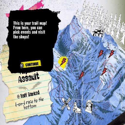 SSX on Tour (PlayStation 2) screenshot: The SSX Tour map currently shows all the amateur challenges, which the player can complete in any order, and the shops for gear, clothes and styling